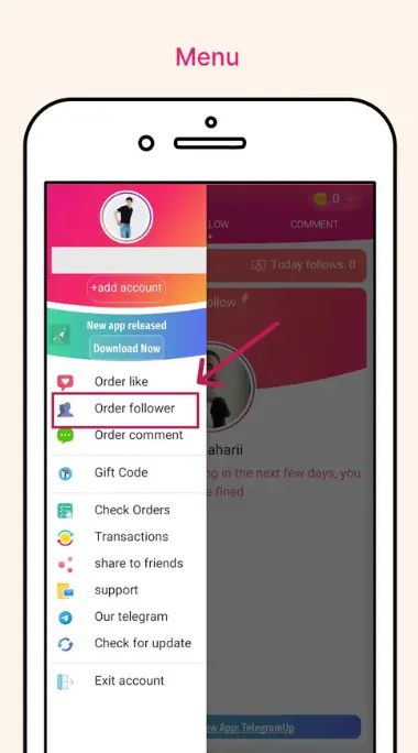 instaup apk menu order followers section.
