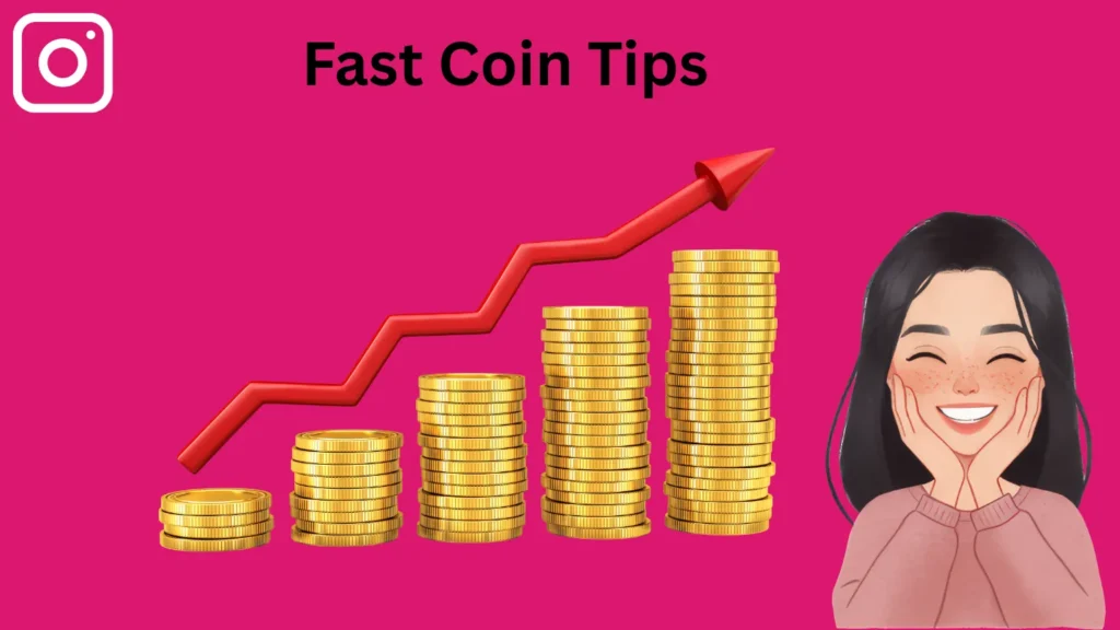 Happy woman looking at rising InstaUp coin chart on phone screen showing growth